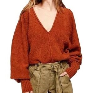 Free People Burnt Butter Reverie V-Neck Balloon Sleeves Sweater size Small